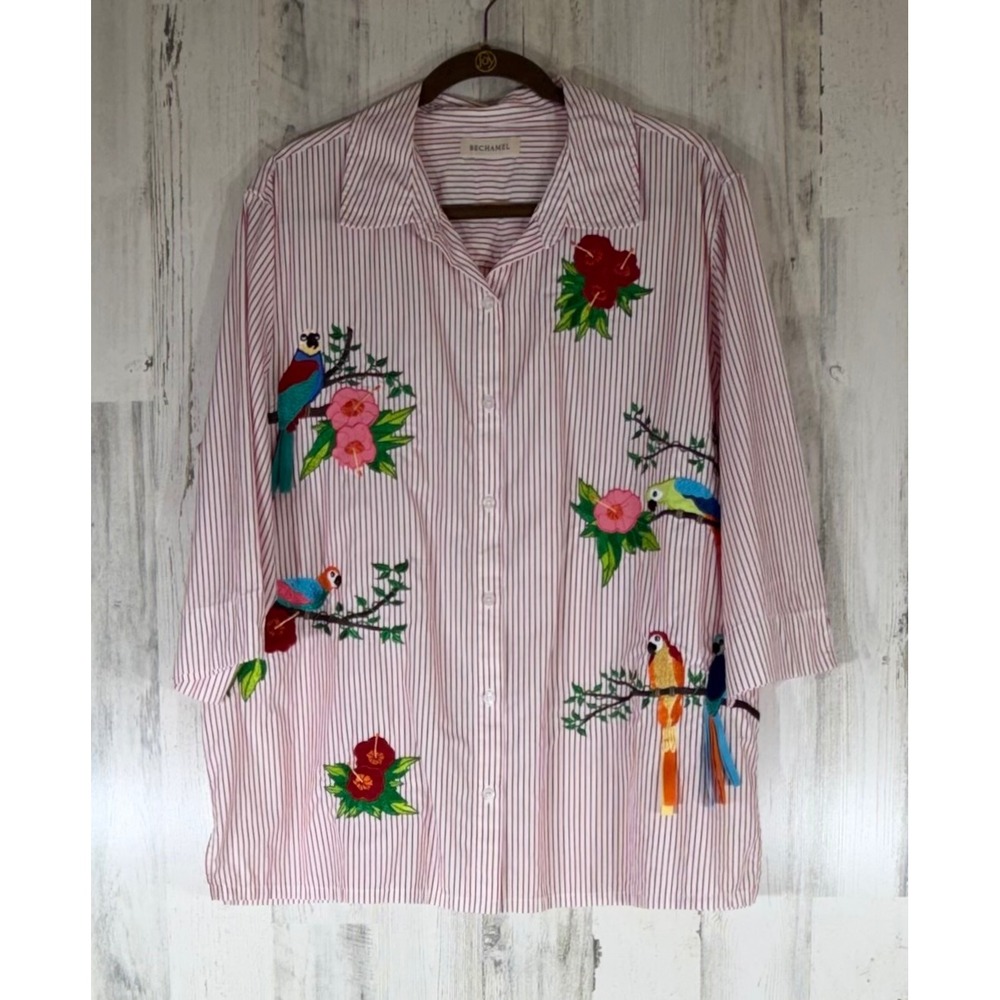 Bechamel Button Front Shirt XL Red White Striped Parrot Embroidered 3/4 Sleeve